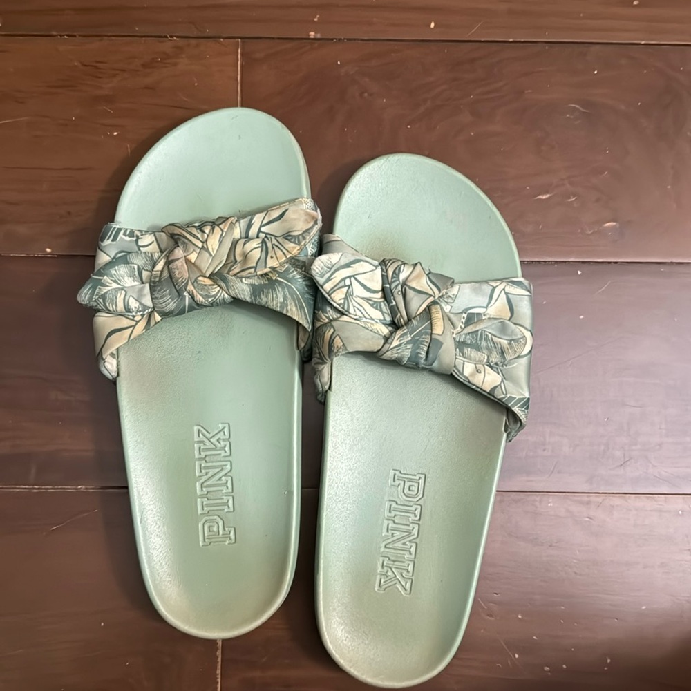 PINK green patterned slides/ slippers fits size 8 women’s